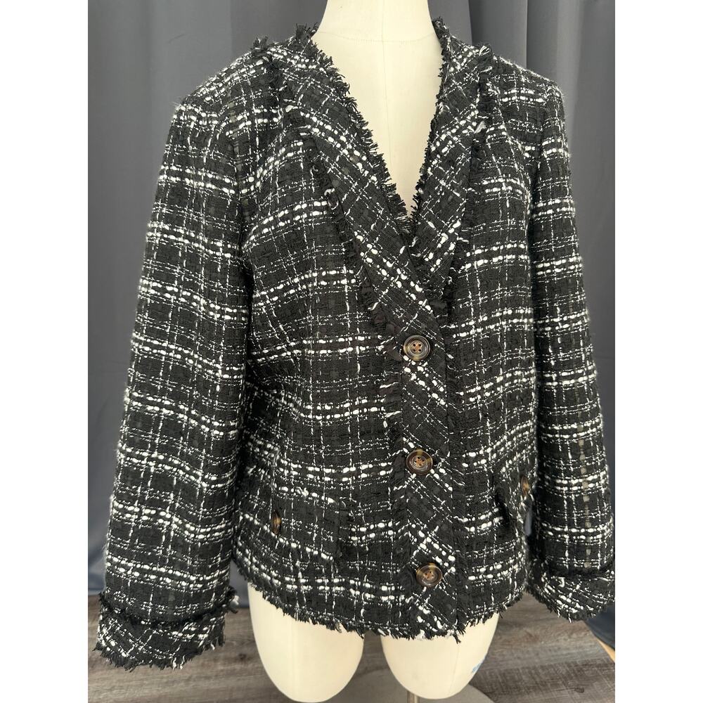 Ann Taylor Black & White Fringe-Trim Tweed Blazer Jacket Cropped Size 14